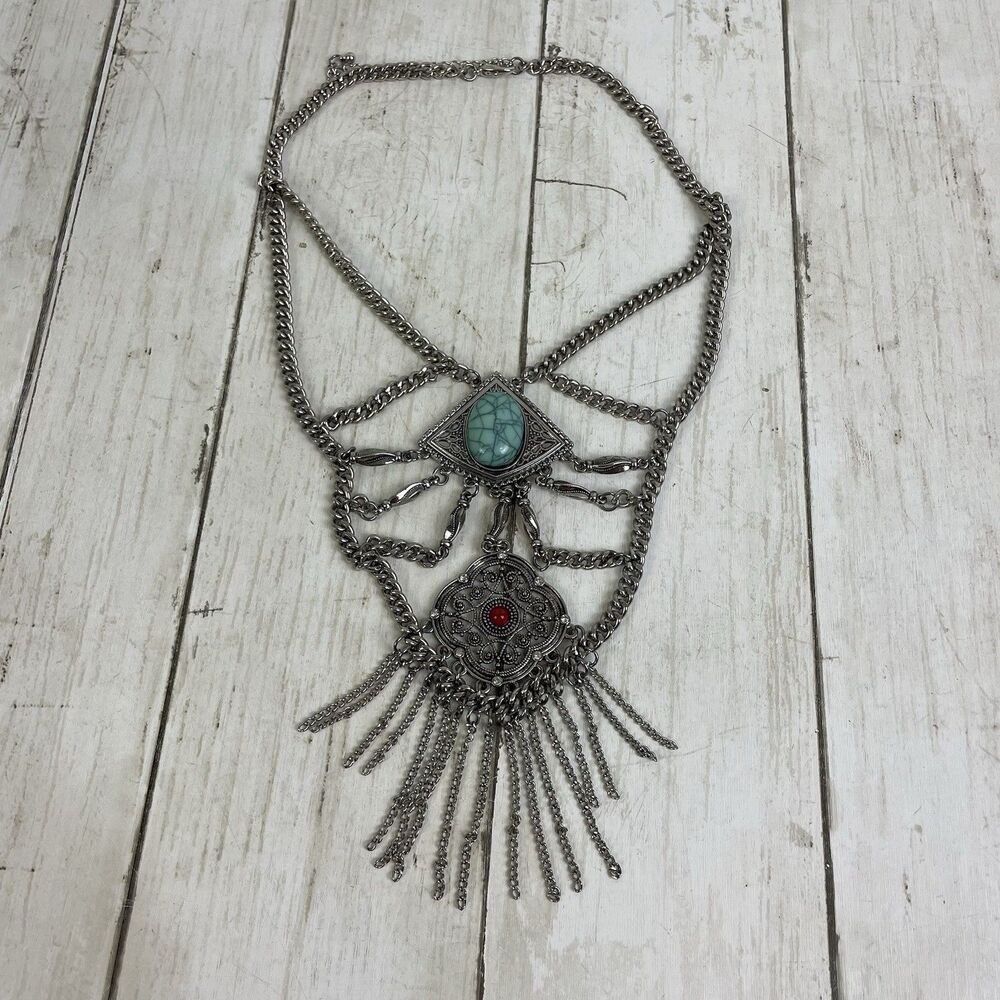 Bohemian Silver Tone Chain Necklace Turquoise & Red Stones Adjustable Length